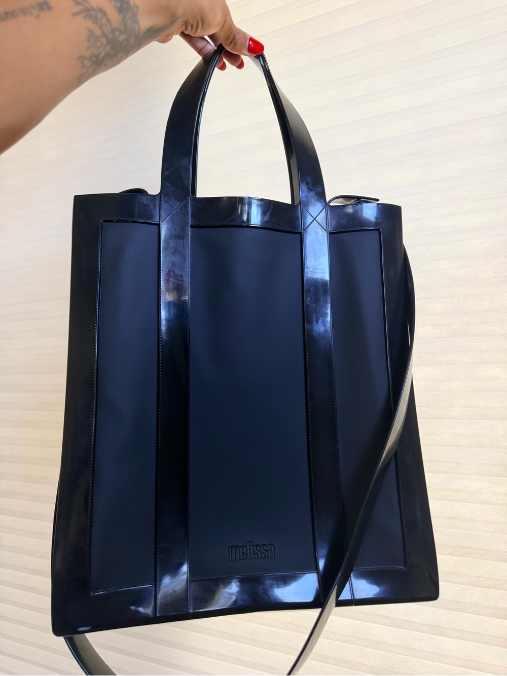Melissa Black Glossy Panel Tote with Shoulder Strap